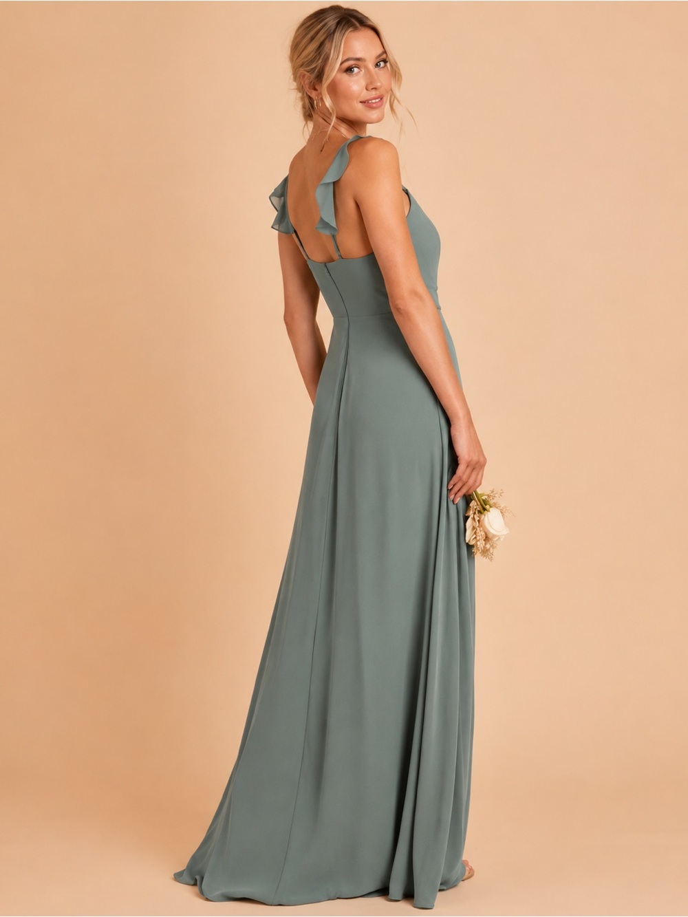Birdy Grey Adelle Sea Glass Green Ruffle Strap Maxi Bridesmaid Dress Large NWT